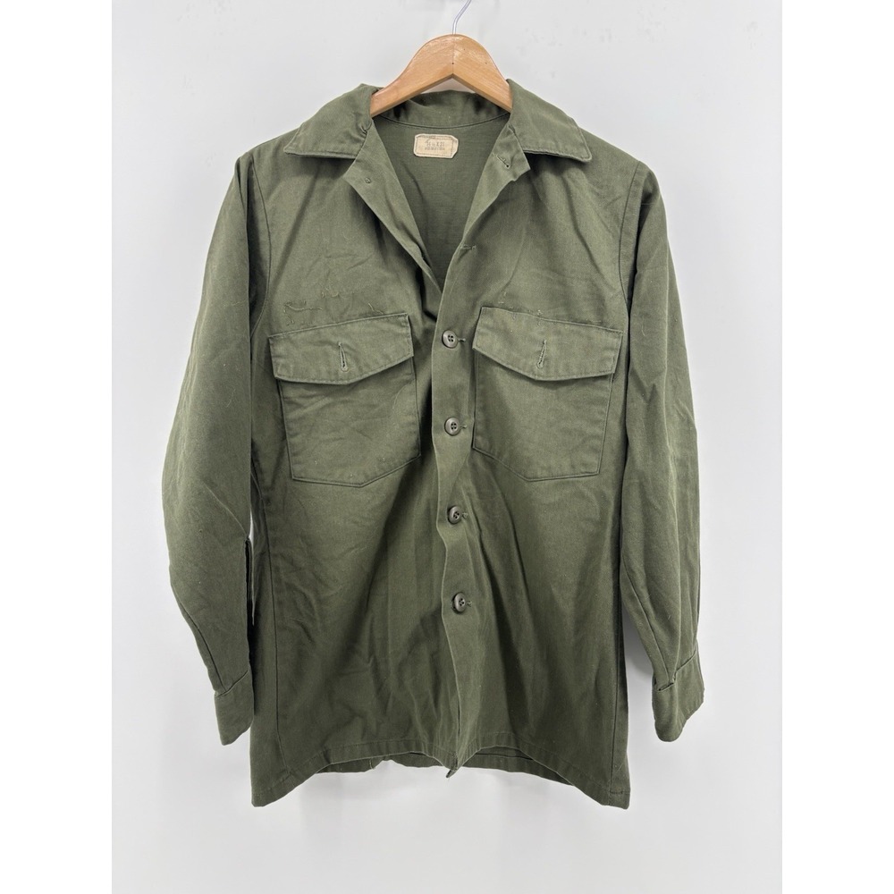 Vintage OG 507 Military Durable Press Utility Shirt Vietnam Era Olive Green 14.5